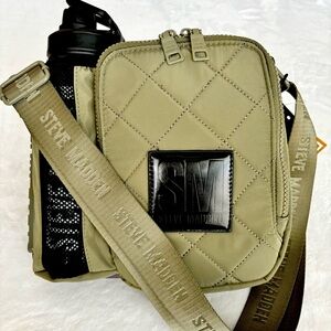 STEVE MADDEN Olive Green Bavia Quilted Crossbody Bag with Attached Water Bottle